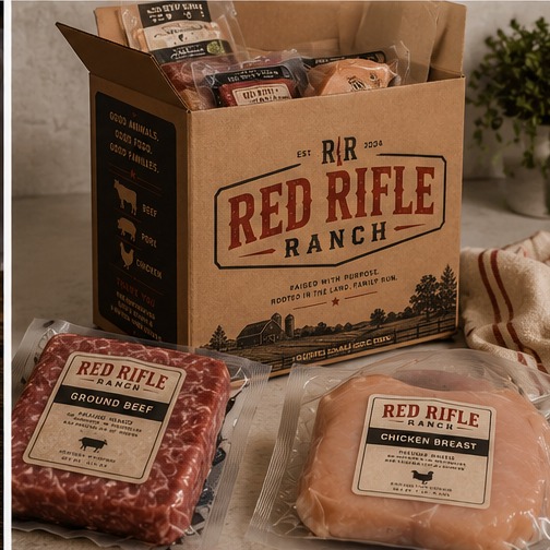 Red Rifle Ranch protein box packed with ground beef, pork chops and chicken breast