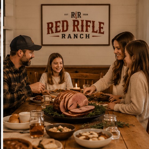 The Red Rifle Ranch family sharing a holiday ham dinner around the table