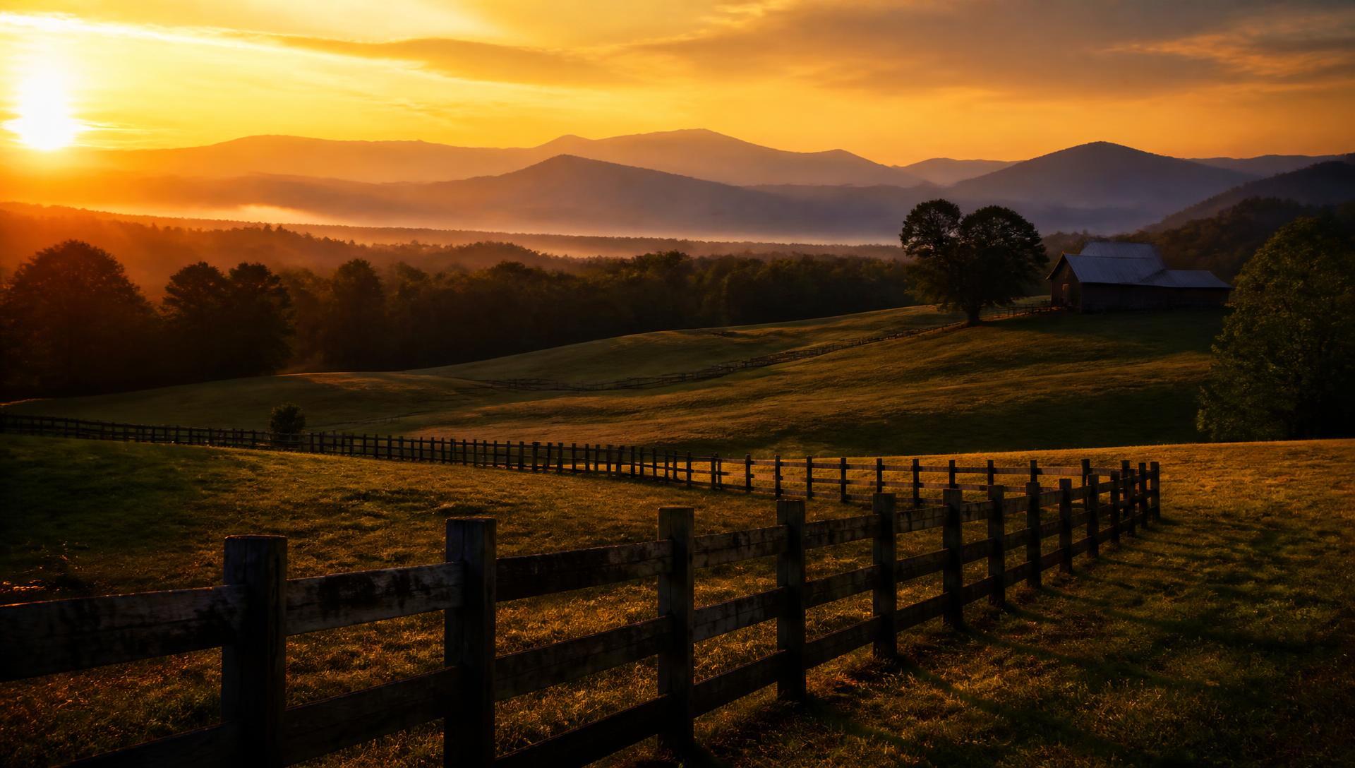 Sunrise over a fenced North Georgia pasture with the Blue Ridge mountains beyond
